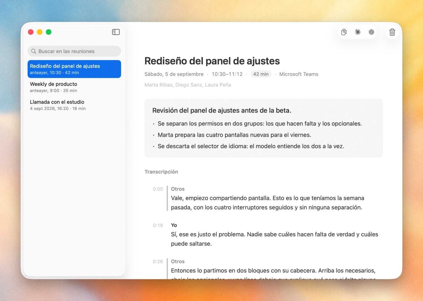 Sona en el Mac, con una reunión ya transcrita